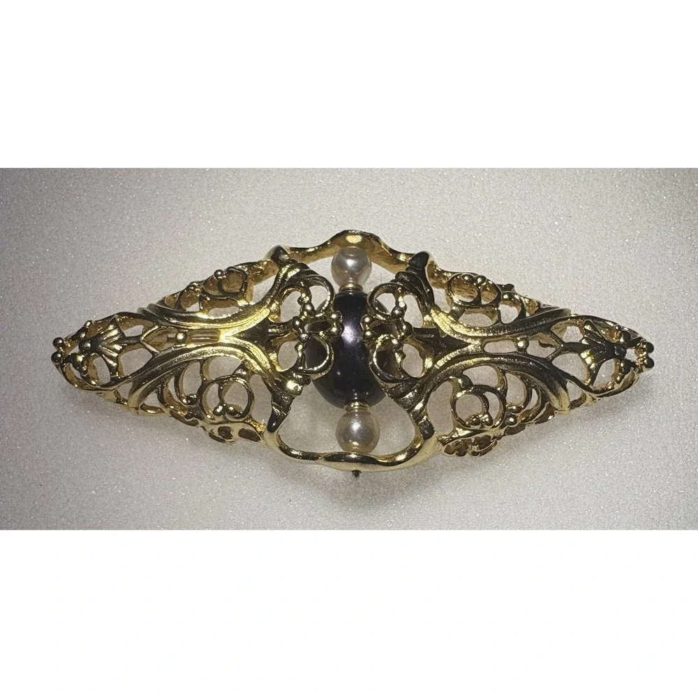 Vintage Napier 1980s Brooch Gold Filigree Faux Pearl Purple Cabochon Book Piece